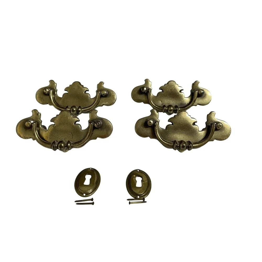 4 Bronze Chippendale Colonial Cabinet Bail Pulls Hardware & 2 Key Hole Decor Pcs